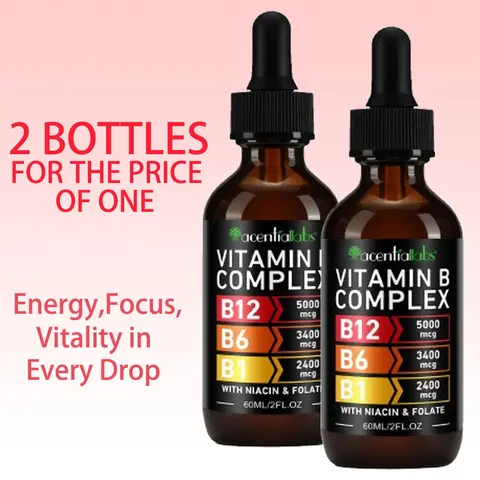 Acentiallabs Liquid Vitamin B12 B6 Drops - Methylcobalamin 5000mcg + B6 Energy Support, Sublingual Liquid Drops, Raspberry Flavor, Quick Uptake, Gluten Free GMO-Free, 2 bottles 6 oz each, Adults