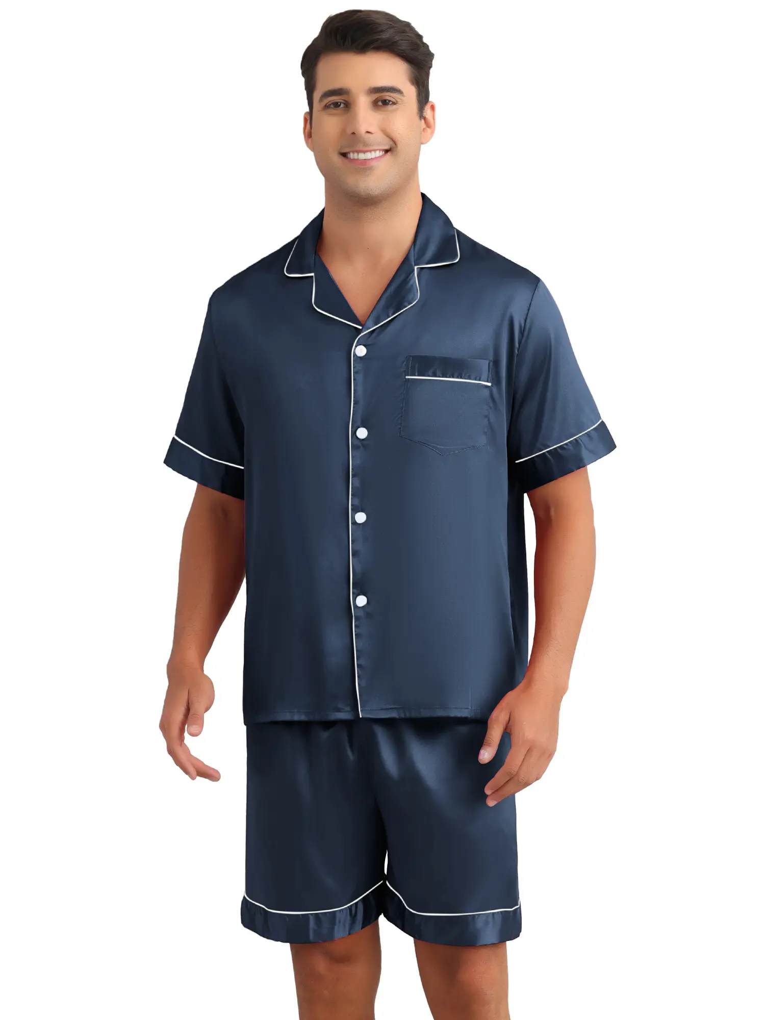 INSPIRE CHIC Men's Satin Sleepwear Short Sleeve Button Nightwear Shorts Summer Pajamas Set 2 Pieces