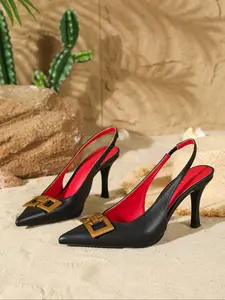 Women's Elegant Pointed Toe High Heel Shoes, PU Leather Low-Cut Back Zipper, Fine Heel Square Buckle, Perfect for Dresses and Weddings