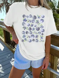 'Watercolor Blueberry' Blueberry Graphic White Short-Sleeve T-Shirt | Casual Fruit Loungewear Top | Premium Cotton Fabric | Bold Fresh Watercolor Fruit Aesthetic | Trendy Oversized-Fit | Eye-Catching Blueberry Cluster Print | Versatile Daily Wear
