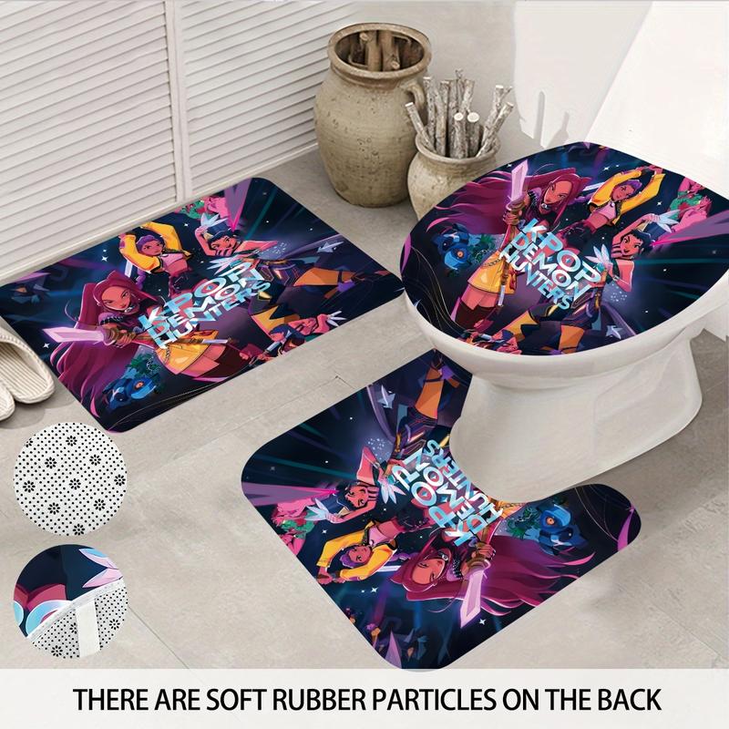K-POP Demon Hunters Bathroom Set, Including Shower Curtain with 12 Hooks, Non-Slip Bath Rug, U-Shaped Toilet Mat, Toilet Lid Cover, Bathroom Decoration Accessories