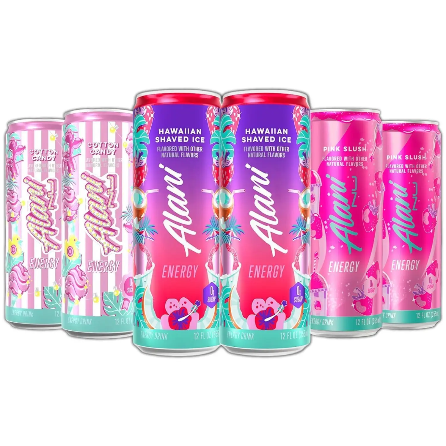 New Alani Energy Drinks Cotton Candy, Hawaian Shaved Ice, Pink Slush Variety Pack Sugar-Free, Low-Calorie, 200mg Caffeine, Energy Boost Drink 12 fl oz (Pack of 6)