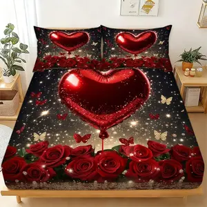 Romantic Heart & Rose Bedding Set for Couples, Fitted Sheet and Pillowcases for Valentine's Day and Wedding Bedroom Decor