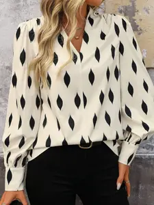 A women's black diamond geometric print V-neck long sleeve puff sleeve top, simple commuting style fitted slimming blouse shirt, suitable for autumn and winter, suitable for daily going out, light commuting office, light social occasions