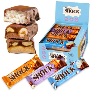 FitnesSHOCK Protein Bars Variety Pack - Gluten Free, No Added Sugar, Low Calorie Low Carb Snack - Peanut Salted Caramel, Hazelnut Caramel, Coconut - 180 Kcal, 0g Added Sugar, 8g Fat, 13g Net Carbs - 12 x 50g Flavor