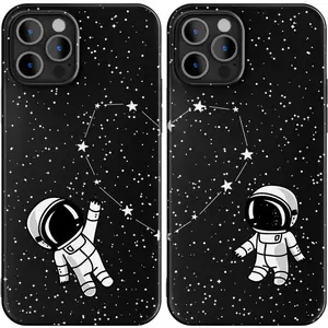 Matching Phone Case Compatible with - iPhone 16 Pro Max - for Couples Best Friends Besties BFF Cute Black Cover Astronauts Space Wedding Anniversary Him Her Girlfriend Boyfriend Birthday Gift