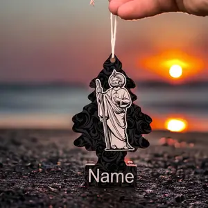 Custom San Judas Tadeo Pine Tree - Acrylic Accessory with "Name" Text, Ideal for Car Interiors, Spiritual Significance for Devout Catholics