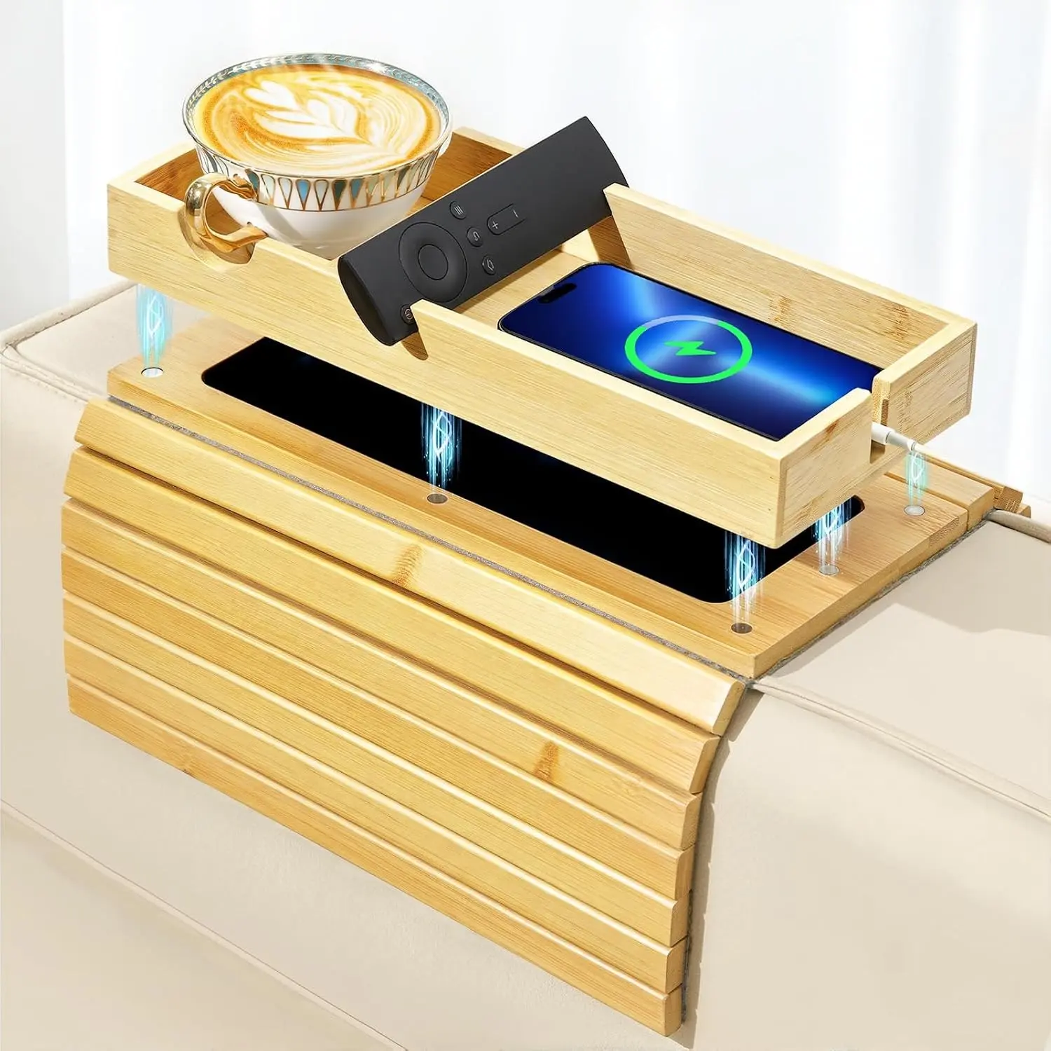 Couch Armrest Table, 2-in-1 Magnetic Detachable Sofa Arm Tray with Cup Holder and Phone Holder, Foldable Bamboo Couch Cup Holder for Remote Controls, Phones, Snacks, Cups, Burlywood