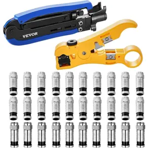 VEVOR Coax Cable Crimper Kit, Coaxial Cable Compression Kit with a Crimping Tool, a Wire Stripper, and 30PCS F - Type RG6 Connector, Compatible with RG6, RG59, RG11 Coax Cable, Lightweight PortableVEVOR Super Brand Day