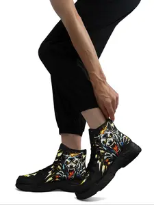 Men's Wolf Print Lace Up High Top Sneakers, Casual Comfortable Breathable Lightweight Sports Shoes, Fashionable Sneakers for Outdoor Activities