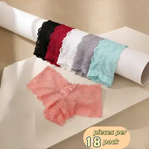 18PCS Women's 4pcs Solid Floral Lace Bow Decor Scallop TrimPanties, Casual Soft Comfy Breathable DropWaist Knicker for Daily Wear, Ladies Underwear for AllSeasons, Fall Wear, Fallfreshness Womenswear