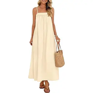 MEROKEETY Women's Summer Boho Maxi Dresses 2026 Spaghetti Straps Linen Sundress Casual Beach Vacation Long Dresses