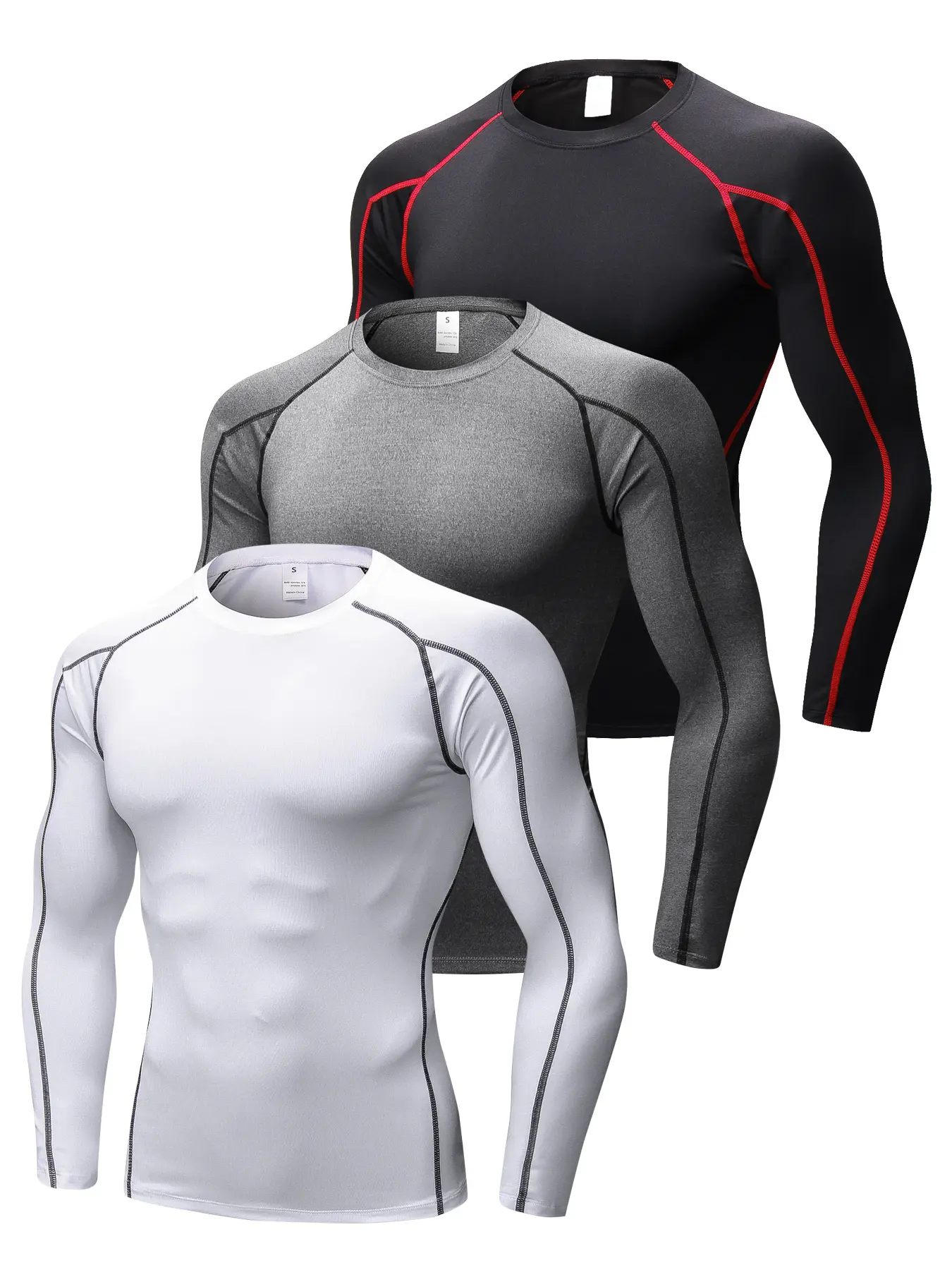 Men's 3-Pack Fitted Round Neck Long Sleeve Tight Fit Compression Shirts, Quick Dry Activewear Baselayer, Athletic Undershirts for Gym, Running, Basketball