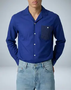 "Arenas" Convertible-Collar Royal Blue and White Stripe Shirt