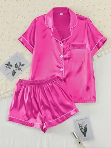 ăValentine's DayăTwo-piece Set Women's Shirt & Shorts Fitted Satin Pajama, Ladies Summer Sleepwear ăValentine's DayăTwo-piece Set Women's Shirt & Shorts Fitted Satin Pajama, Ladies Summer Sleepwear
