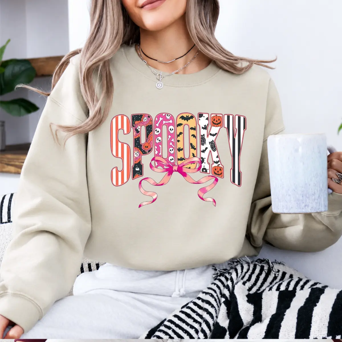 Spooky Halloween T-Shirt and Sweatshirt, Pink Bow Ghost Pumpkin Skeleton Graphic Tee, Cute Retro Spooky Season Shirt, Halloween Gift for Women - DPCLICK