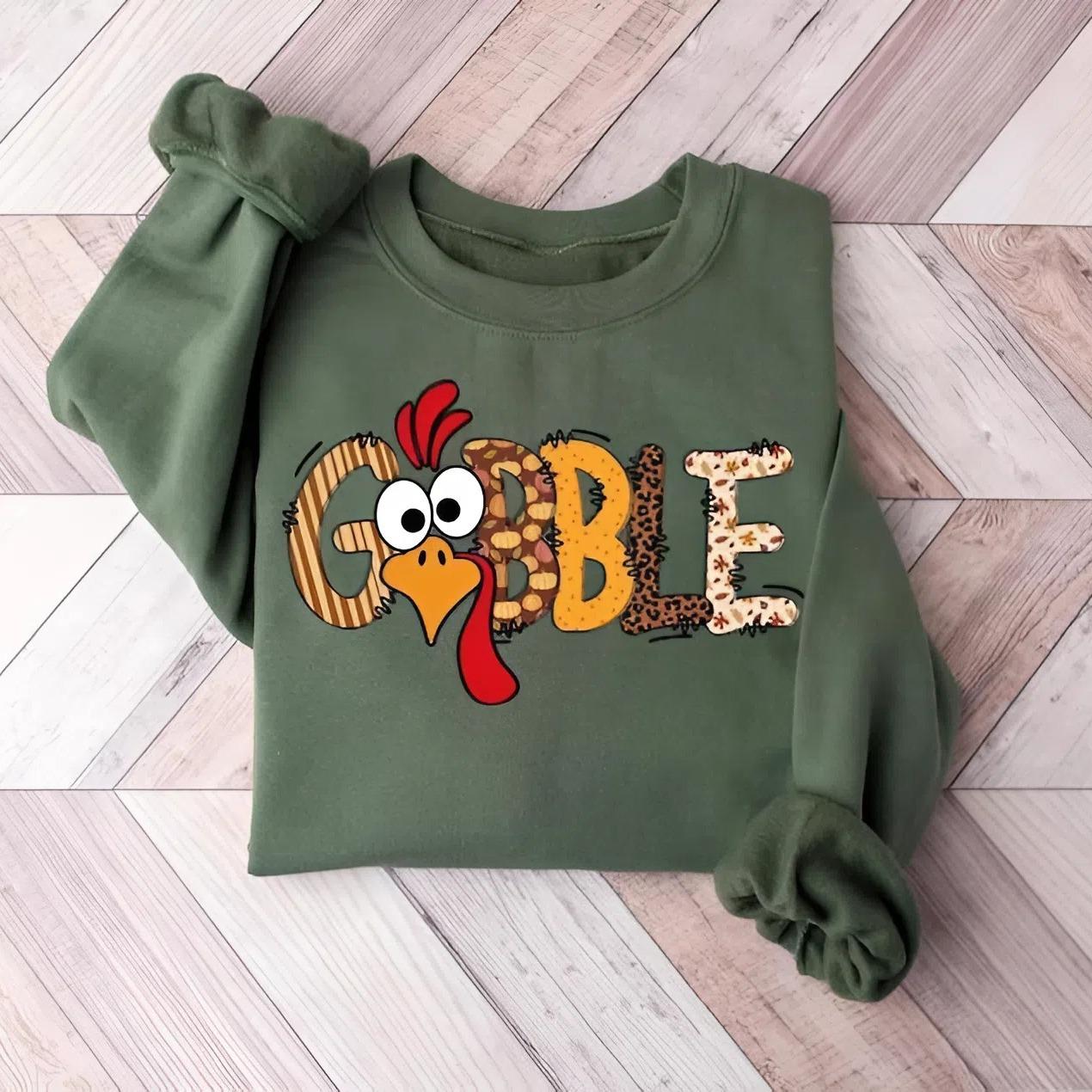 Gobble Adult/Youth Sweatshirt – Cute Thanksgiving Turkey Shirt, Matching Family Fall Tee for Family