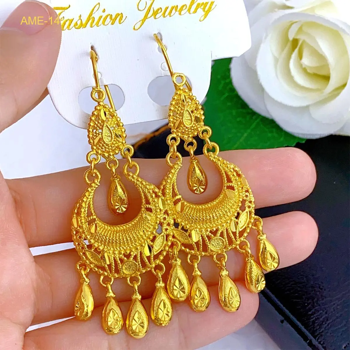 Gold-Color Ethiopian Motif Drop Earrings with Long Tassels, Copper Metal Jewelry for Women, Statement Party Wear & Wedding Gifts