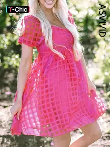 Women's Solid U Neck Checkered Puff Short Sleeve Pleated Babydoll Dress