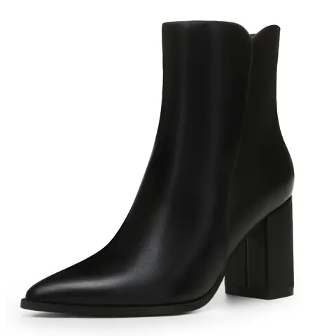 Athlefit Women's Pointed Toe Chunky Block Heel Leather Ankle Boots - PU & Goat Skin, Side Zipper, Basic Casual All-Season Shoes with Heels for Women