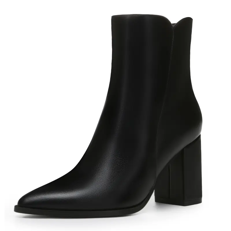 Athlefit Women's Pointed Toe Chunky Block Heel Leather Ankle Boots - PU & Goat Skin, Side Zipper, Basic Casual All-Season Shoes with Heels for Women