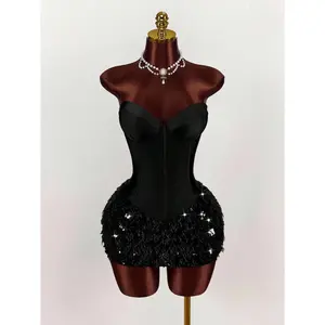 Women's Solid Color Bustier Patchwork Faux Fur Hem Fitted Fashionable Mini Dress,Party Dresses For Women,Party Dresses For Women,Christmas Party Dress