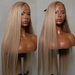13X4 Lace Frontal Wig Ash Blonde Straight Human Hair Wigs For Women Transparent Lace 200% Density Lace Front Wig Pre-Plucked With Baby Hair Ombre Brown Roots Ash Blonde Colored Choice Peruvian Remy Human Hair Wigs, Heat Resistant
