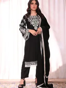 3-PC Stitched Black Suit With White Embroidered Dhanak Suit