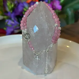 Rosary Bracelet with Pink Quartz Beads Silver Plated Cross Charm and Crucifix for Spiritual Jewelry