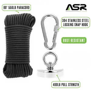 ASR Outdoor 400LB Adventure Fishing Magnet Kit with 60ft Paracord for Lost Treasure Hunting - 3pc