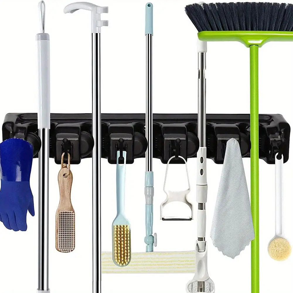 Wall Mounted Mop Holder, 1 Count Kitchen Household Mop Cleaning Tool Storage Racks, No Drilling Required Bracket with 5 Slots & 6 Hooks for Mop Daddy,