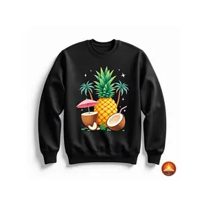 Men's Tropical Pineapple & Coconut Graphic Sweatshirt, Black, Vibrant Summer Vibes, Oversized Fit, All Seasons Wear. 7SL