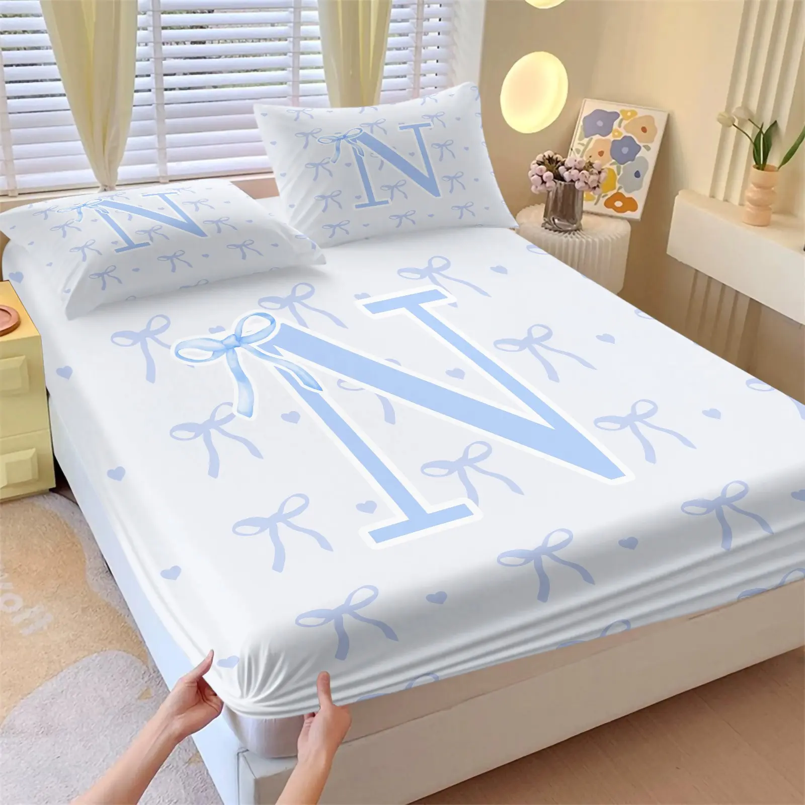 Personalized Initial Letter N Fitted Sheet Set 3 Piece, With 2 Pillow Sham, Coquette Baby Blue Bow Heart Aesthetic, Soft Deep Pocket Design, 360° fully wrapped, for Girls Teens Bedroom Dorm Decor, Perfect Birthday Coquette Bow Lover Gift