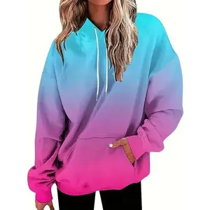 Ombre Drawstring Hoodie, Casual Long Sleeve Kangaroo Pocket Sweatshirt, Women's Clothing