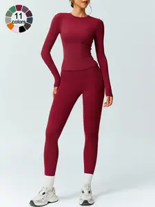 Women's Solid Color Long Sleeve Round Neck Top High Waisted Leggings Sports Set Gym Comfort Breathable Two-Piece Outdoor Running Cycling Training