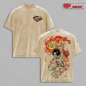 One Piece Portgas D Ace Double Sided Oversized Washed T-Shirt, Men’s T Shirts Graphic Tee Summer Outfit Streetwear Vacation Clothes Gift for Him