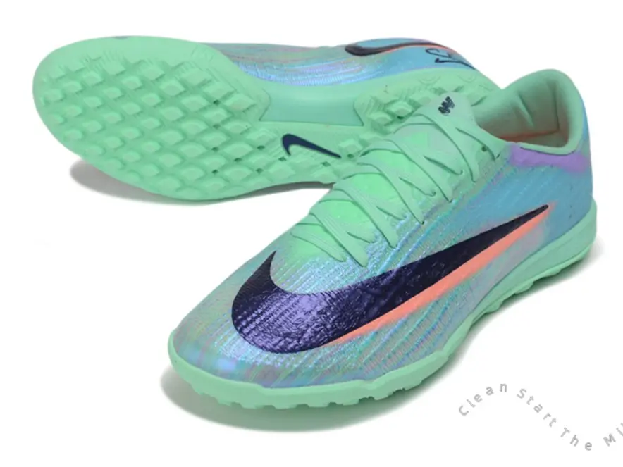 Purple Orange Iridescent Stripe Mint Green Stretch Knit Turf Soccer Cleats, Light Green Grain Anti-Slip Flat Outsole Unisex Footwear for Indoor Artificial Grass Training