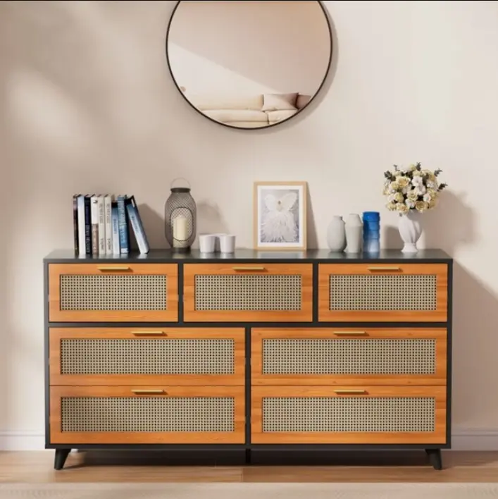 7-Drawer Natural Rattan Dresser - Modern Boho Wood Storage Chest for Bedroom, Large Organizer for Nursery & Living Room, Sturdy Rustic Chest of Drawers