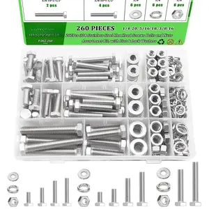 260 count Stainless Steel Hex  Screws  and Nuts Assortment Kit, with Flat & Lock Washers,1/4-20, 5/16-18, 3/8-16 Assorted Hex  Nuts and Washers Set, 18-8(304) Full Thread with Case