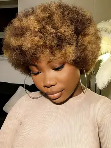 8 Inch Soft Puff Texture Afro Kinky Curly Wig, Human Hair Wig P427, Short Curly Pixie Cut with Bangs, Natural Look, Easy Maintenance, Glueless Wig