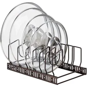 Pot Lids Organizer Rack for Cabinet and Countertop, 7+ Pan Lids and Bakeware Organizer Holder with 7 Adjustable Compartments - Brown