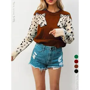 Women’s Colorblock Leopard Print Crewneck Knit Top, Casual Long-Sleeve Pullover Sweater for Autumn & Winter, Slim Fit
