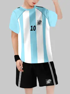 Boys' Argentina Football Style Short Sleeve Set, Light Blue Classic Striped, Number Identifier, Casual Summer Fan, Soccer Jerseys
