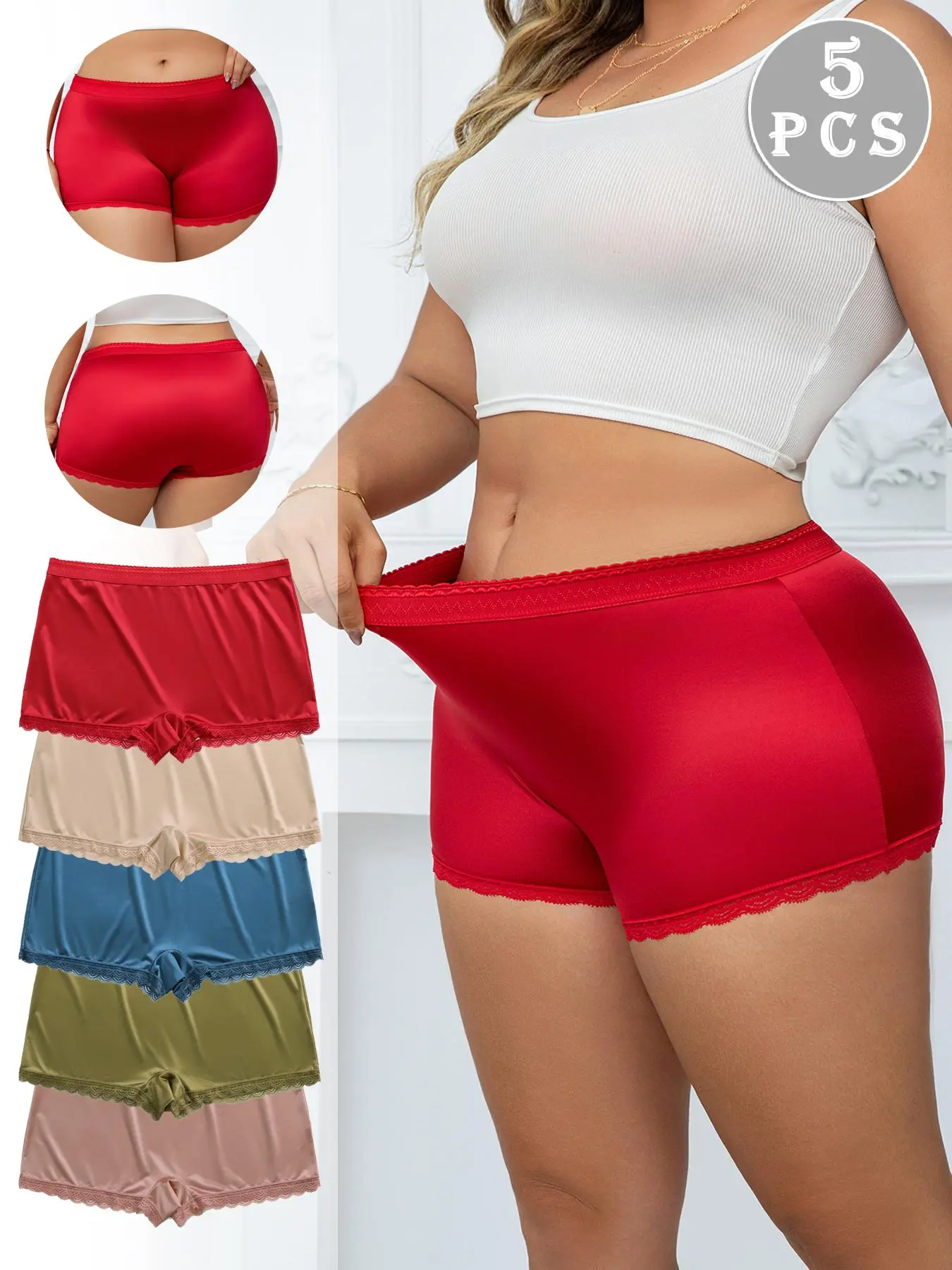 [Plus Size] Solid Color Lace Trim Boyshorts, Casual Comfy Breathable Panty for Daily Wear, Fashion Breathable Underwear, Women's Underwear for All Seasons, Womenswear, Casual Comfy Panties, Casual Breathable Knicker, Everyday Wear Panties