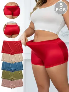 【Plus Size】 Solid Color Lace Trim Boyshorts, Casual Comfy Breathable Panty for Daily Wear, Women's Underwear for All Seasons, Womenswear