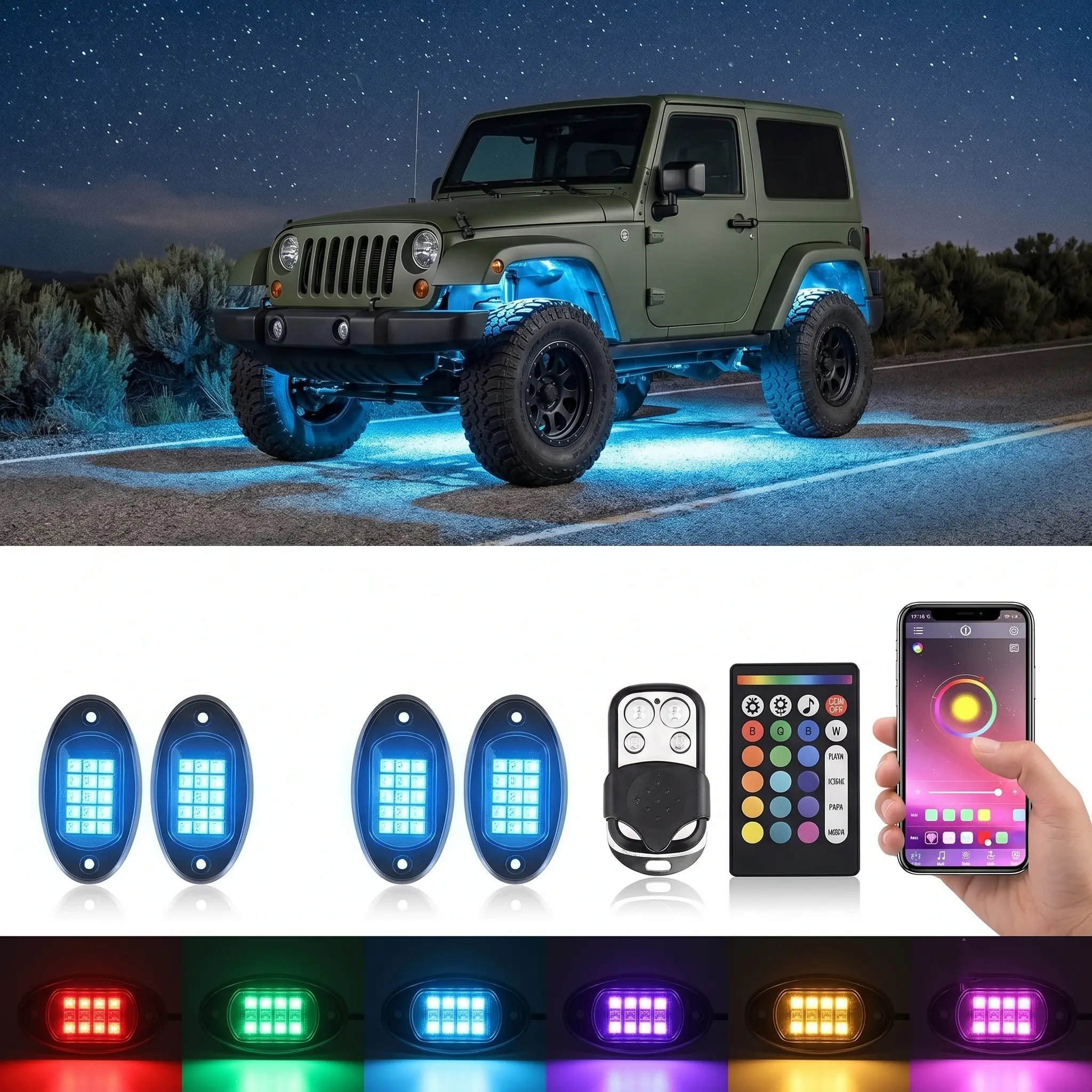 For ATV UTV Truck Vehicle Accent Underbody Accessory 4 Pod RGB LED Rock Lights 12V Waterproof Multicolor Underglow Kit With APP Music Mode