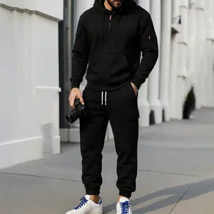 Men's 2-Piece Knit Workwear Sweatsuit Set - Autumn Winter, Fitted Cut, Solid Color, Warm Long-Sleeve Multi-Pocket Hoodie, for Outdoor Work & Casual Use, Men's Sweatsuit Set
