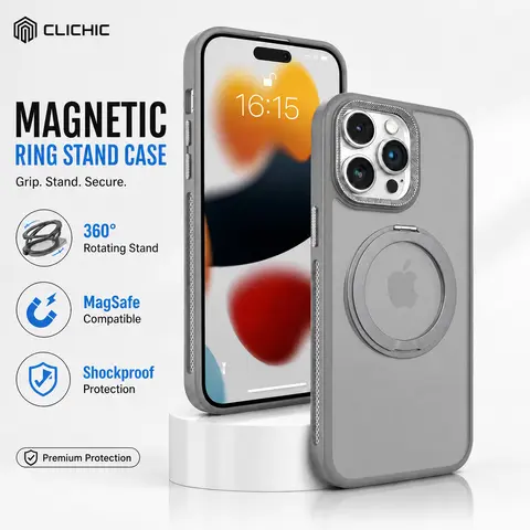 CLICHIC 360° Magnetic Ring Stand Cellphone Case for iPhone 16/15/14/13 Pro/Plus Variants, Shockproof MagSafe Accessories for iPhone 14 Pro Devices, TPU+PC Back, Metal Camera Protection, Magnetic Snap Handheld Stand