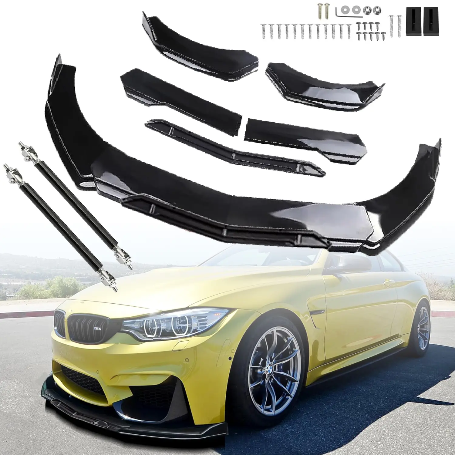 Universal Front Lip For Car,Glossy Black Front Bumper Lip, ABS Adjustable Sharp Corner Front Bumper Lip Splitter Protector With 2 Support Rods For Most Vehicle (Glossy Black)