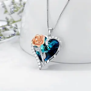 Sparkly Blue Heart & Rose Crystal Necklace 'I Love You' Engraved Pendant Shiny Dual-Tone Design Perfect for Date Nights Valentine’s Gifts or Daily OOTD Lightweight Eye-Catching Christmas Gift